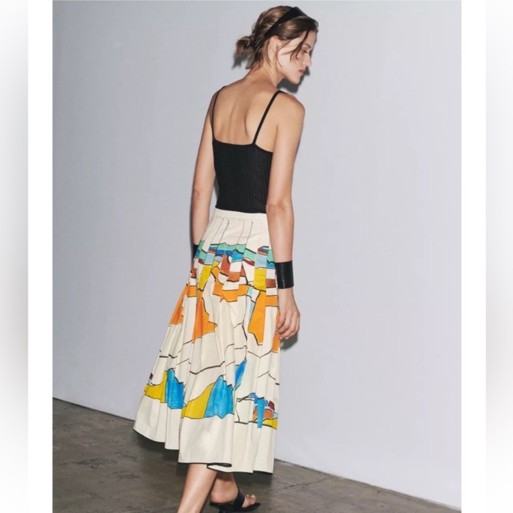 ZARA Printed Pleated Midi Skirt Colorful Abstract Painting Medium, NWOT - Picture 6 of 12